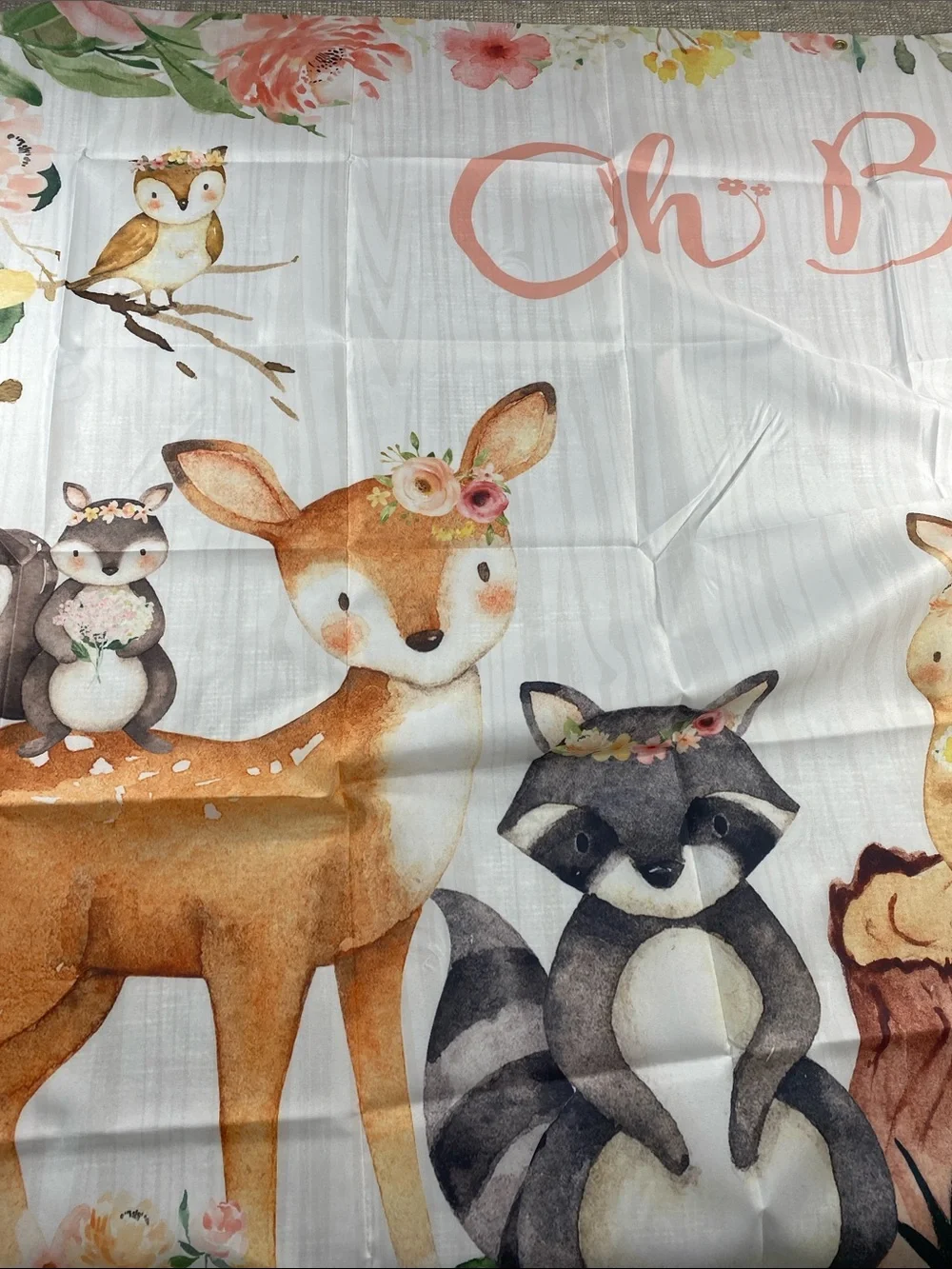 Oh Baby Woodland Animal Panel Bedding Fabric - Soft Peach, Brown, Gray